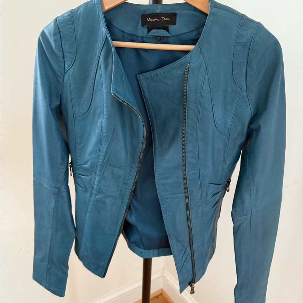 Massimo Dutti Blue Leather Jacket